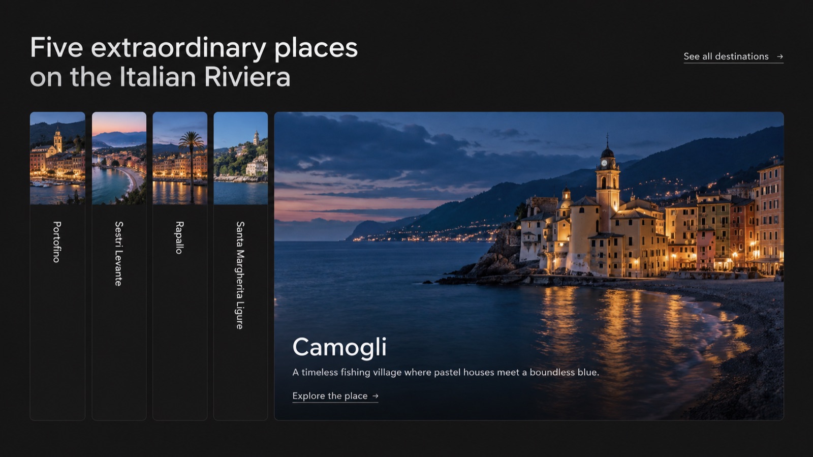 Expandable destination cards showing photographs of towns along the Italian Riviera